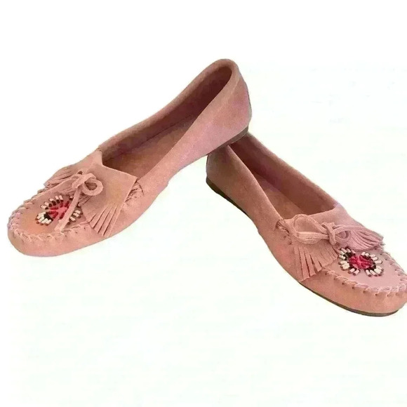 Rampage Lindy Moccasins Pink Suede Leather Size 8 Beaded Boho - Picture 2 of 9